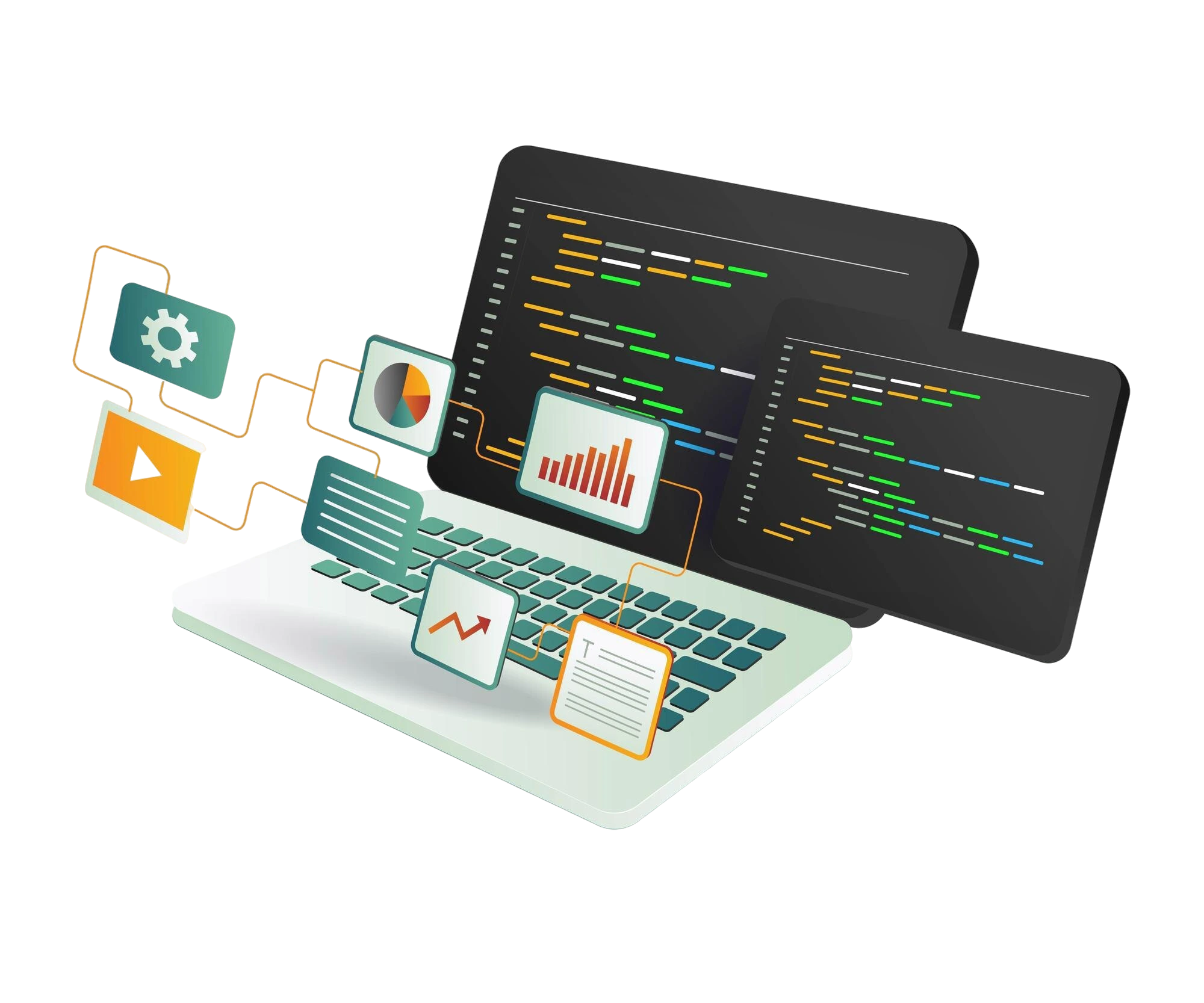 Illustration showing website development services including SEO optimization, custom design, e-commerce, mobile optimization.