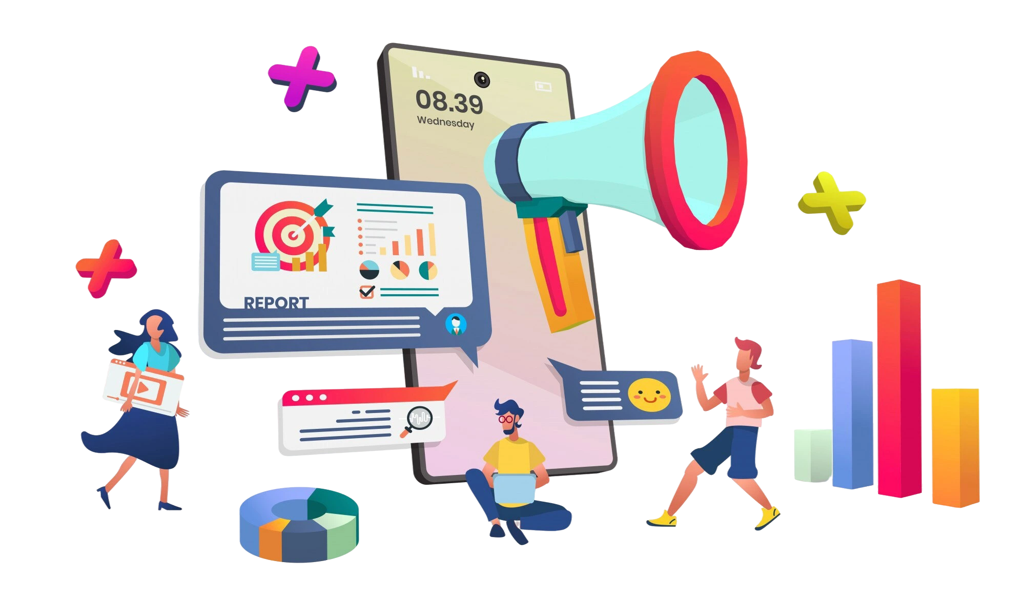 Illustration representing digital marketing services including SEO, PPC, social media marketing, Google Ads, content creation, and analytics reporting.